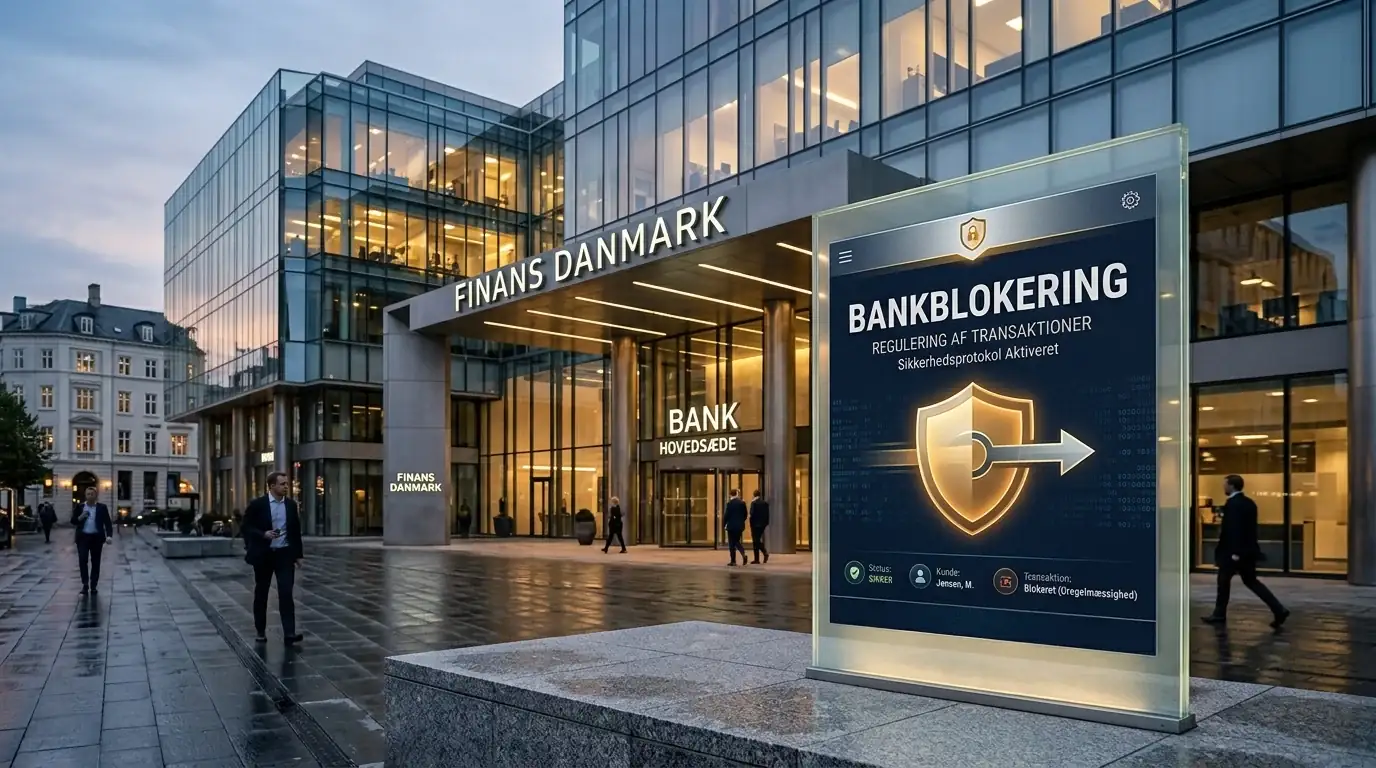 Stiliseret bankbygning med et skjold foran en udgående betaling, der symboliserer blokering af betalinger til ulovlige spillesider