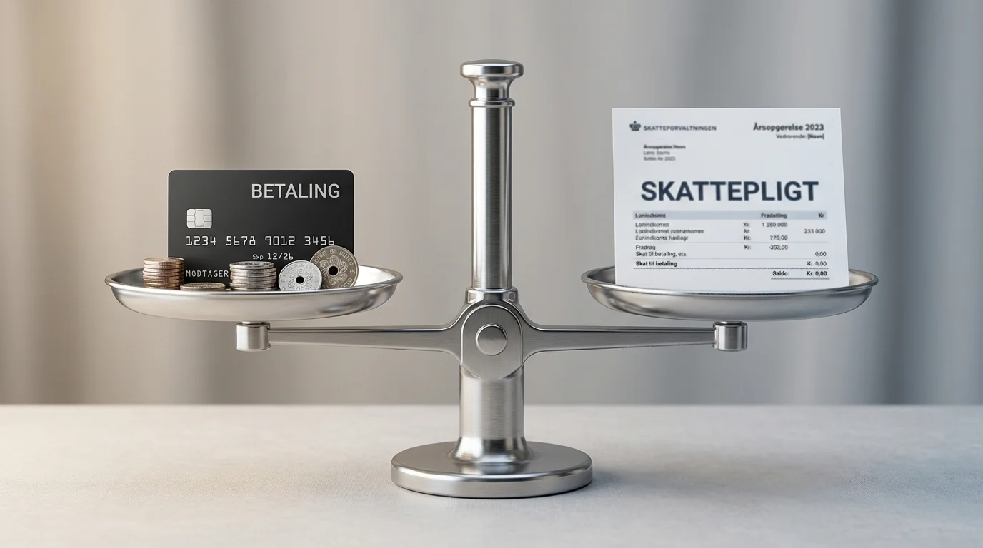 Vægt der balancerer betalingsmetoder og skat, der symboliserer at betaling ikke påvirker skattepligten