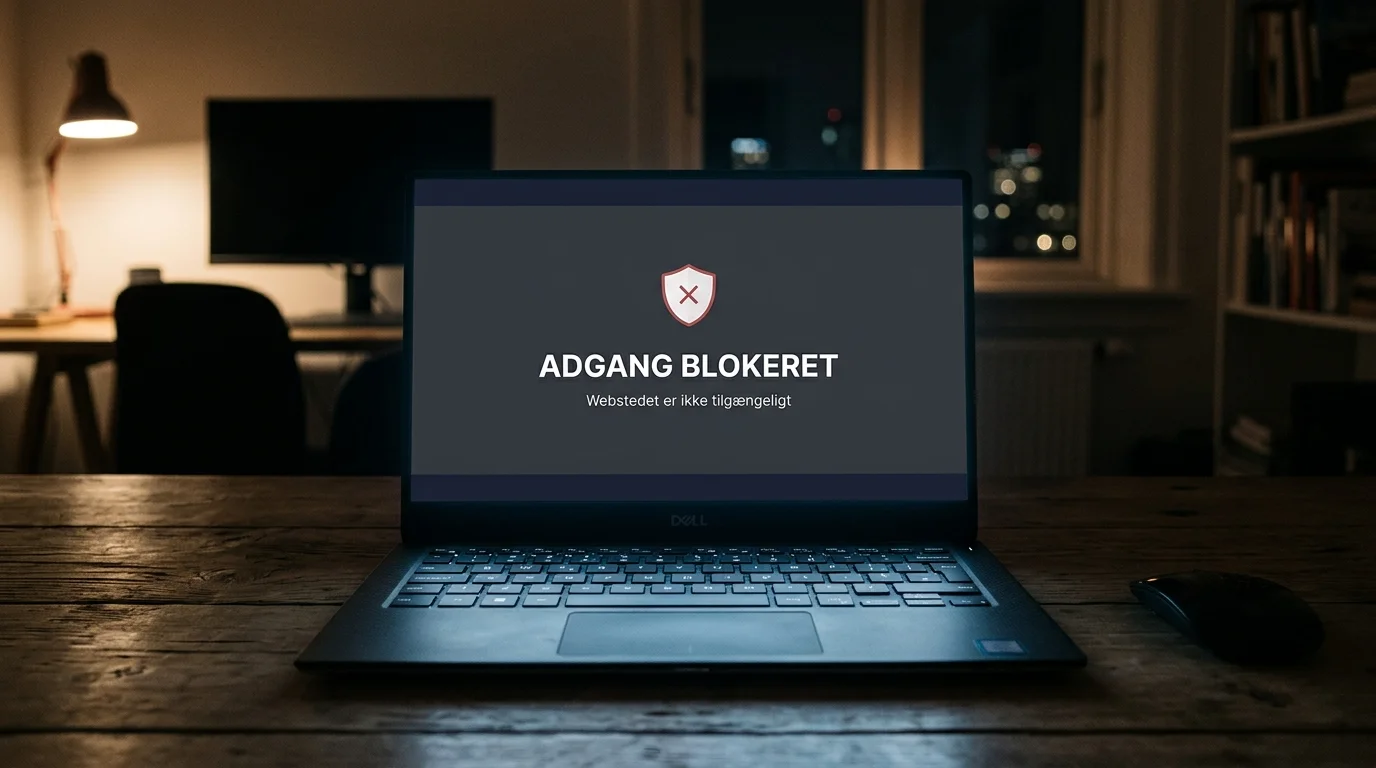 Skærm med en advarselsmeddelelse om at en spilleside er blokeret af myndighederne
