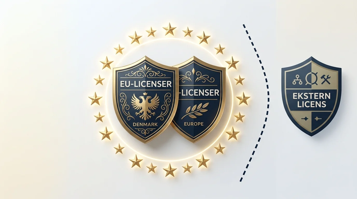Illustration af EU- og EØS-licenser som en kategori med fælles standarder men uden dansk adgang