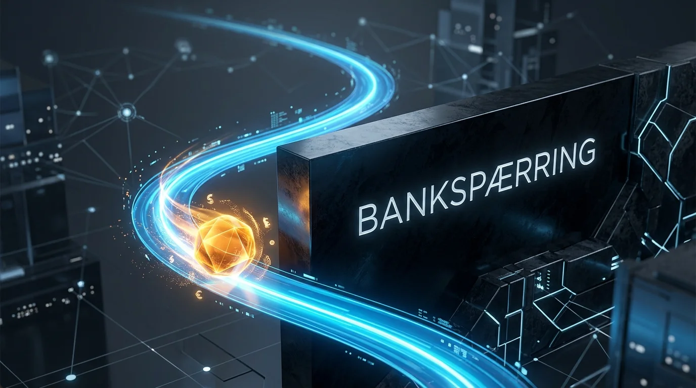 Abstrakt illustration af kryptobetaling, der bevæger sig uden om en bankspærring