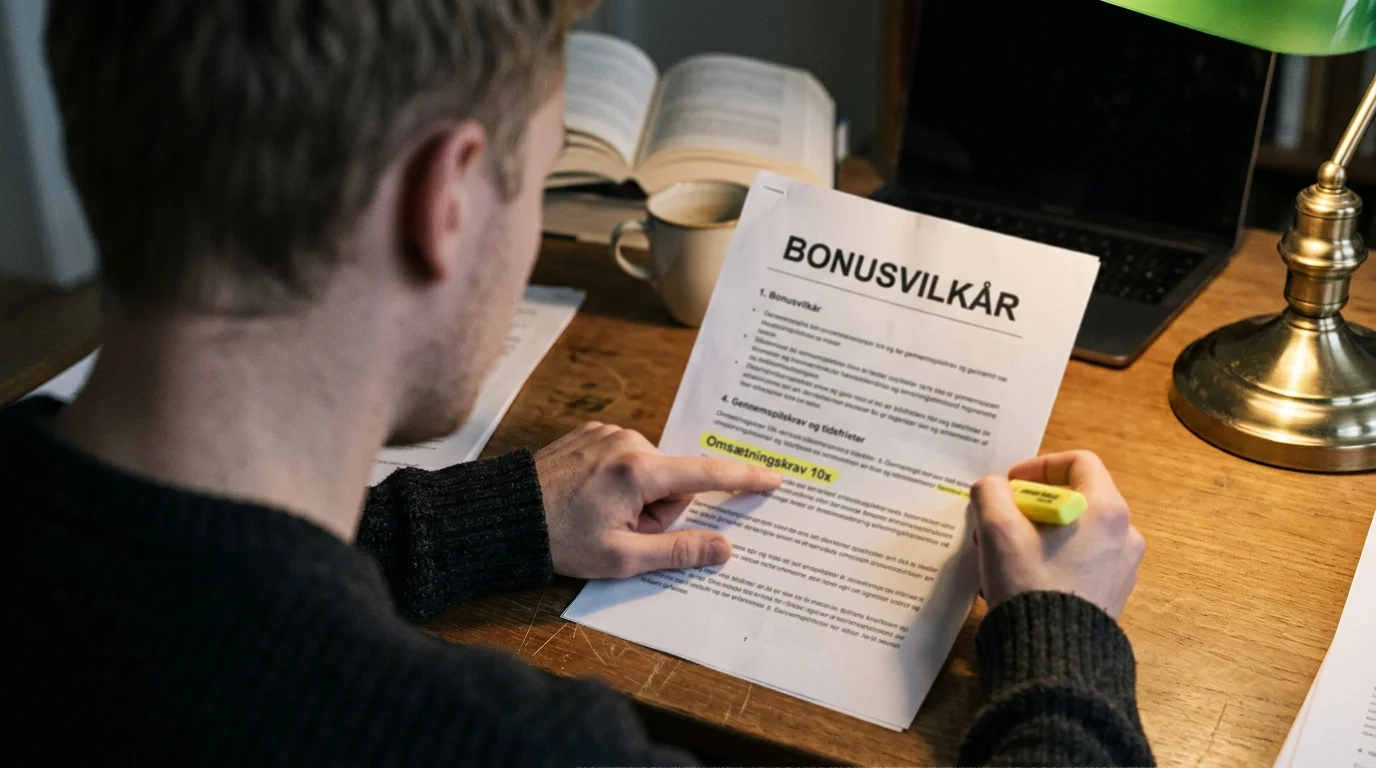 Person læser detaljerede bonusvilkår med markeringer ved afsnit om omsætningskrav
