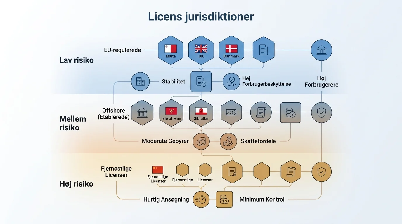Skematisk fremstilling af licensjurisdiktioner som risikoklasser uden navne på casinoer
