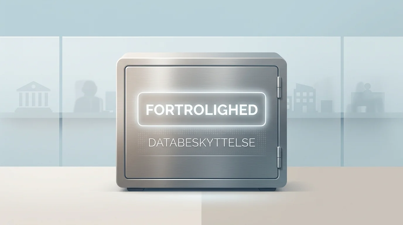 Symbolsk fremstilling af fortrolig databehandling med et låst datahvælv bag en mat barriere