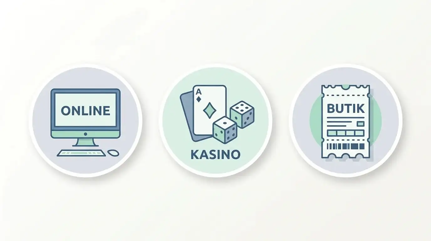 Tre ikoner der viser onlinespil, fysisk kasino og butiksvæddemål omfattet af ROFUS