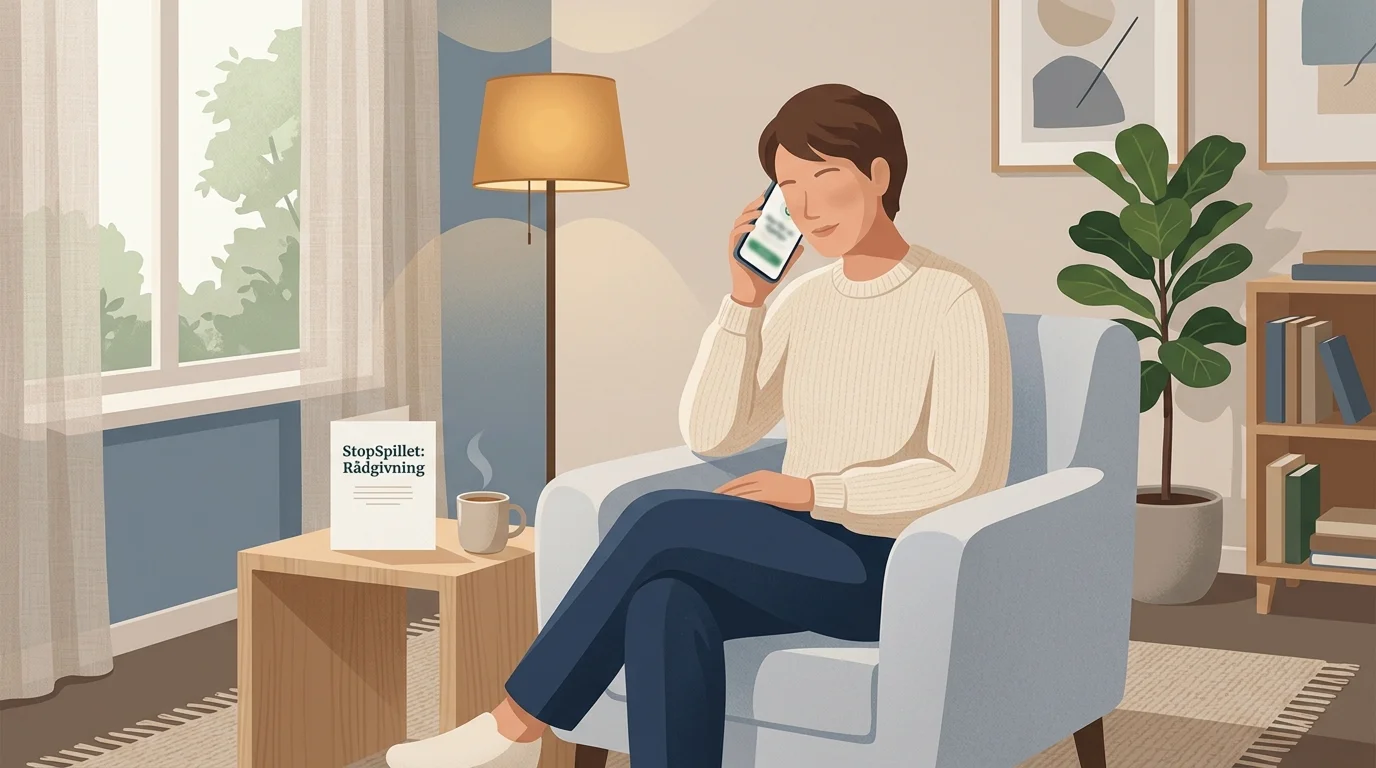 Person i en rolig telefonsamtale med en rådgiver om spil og selvudelukkelse