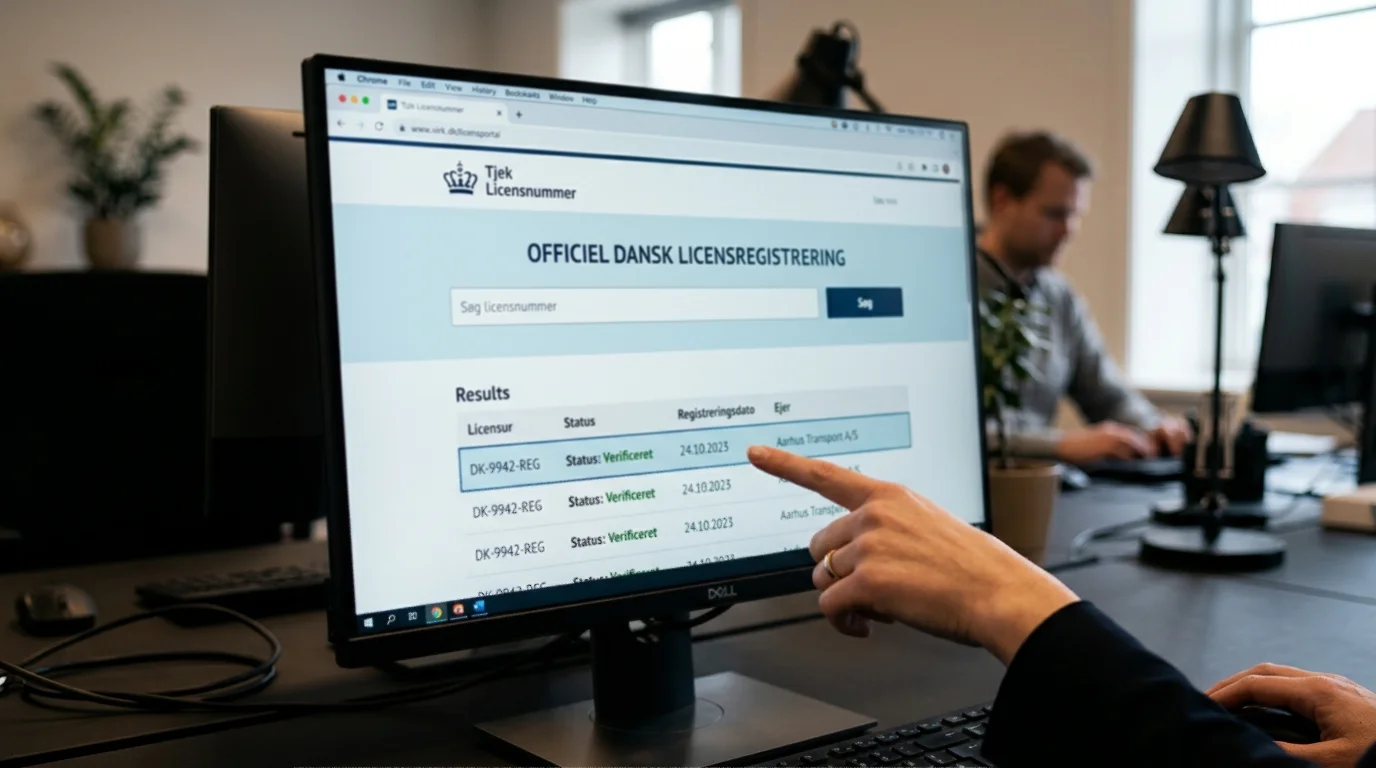 Nærbillede af en skærm med et licensnummer, der slås op i et officielt licensregister