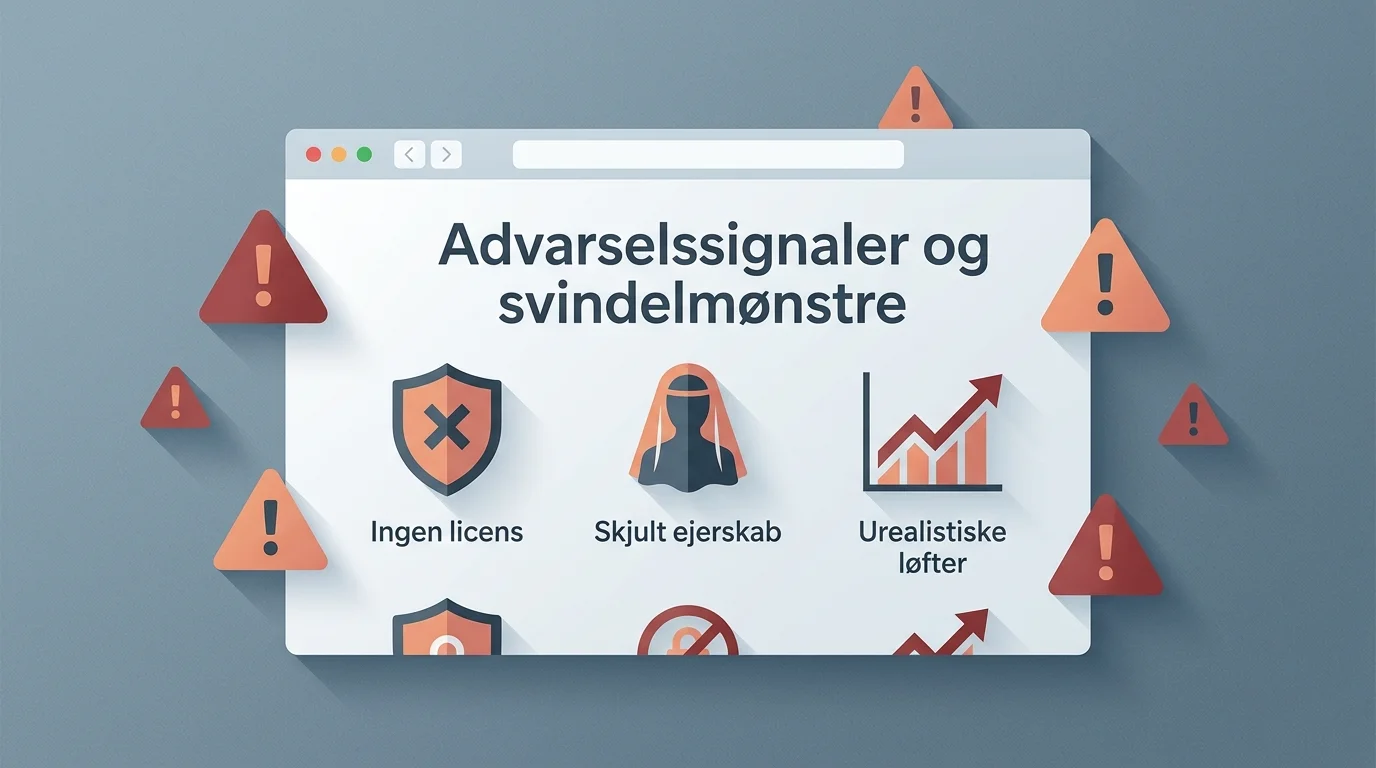 Illustration af advarselssignaler ved et utroværdigt onlinecasino: manglende licens, skjult ejerskab og urealistiske løfter