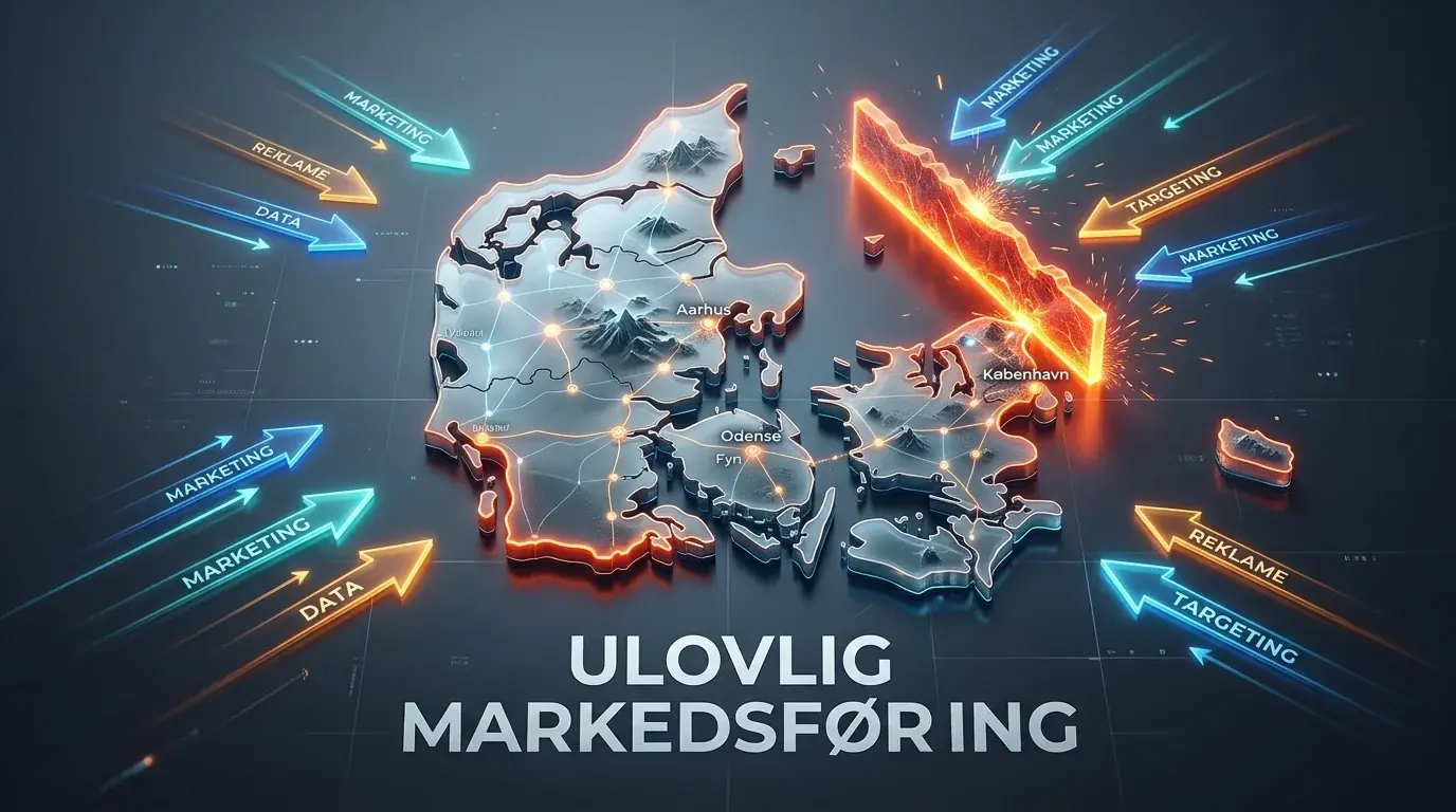 Konceptuel illustration af ulovlig markedsføring rettet mod det danske marked uden tilladelse